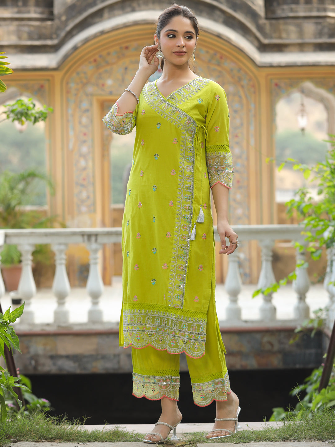Lemon Yellow Glow Chanderi Straight  Set