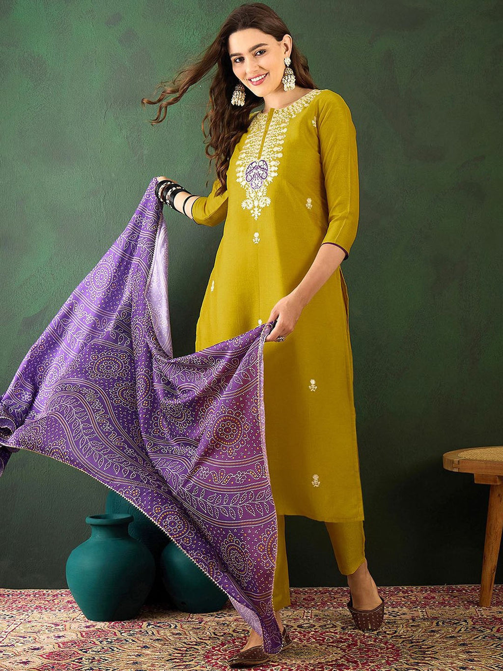 Mustard Embroidered Vichitra Silk Suit Set