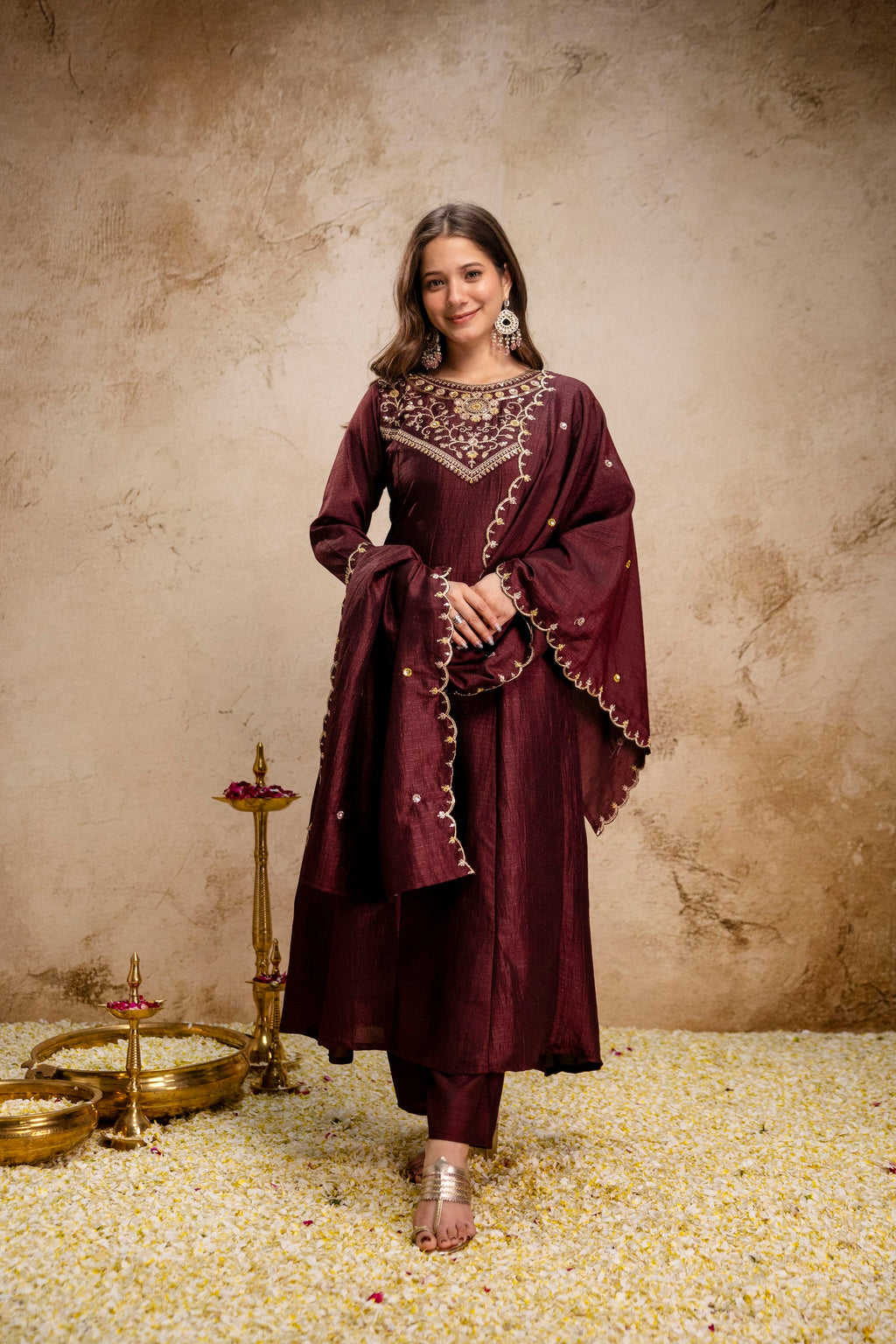 Coffee Embroidered Vichitra Silk Anarkali Kurta Set