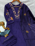 Elegant Royal Purple Embroidered Viscose Marina Silk Kurti Pant Dupatta Set