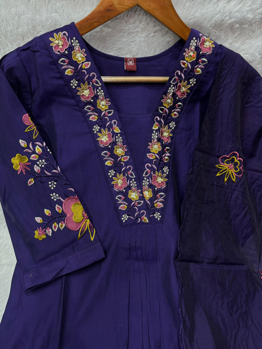 Elegant Royal Purple Embroidered Viscose Marina Silk Kurti Pant Dupatta Set