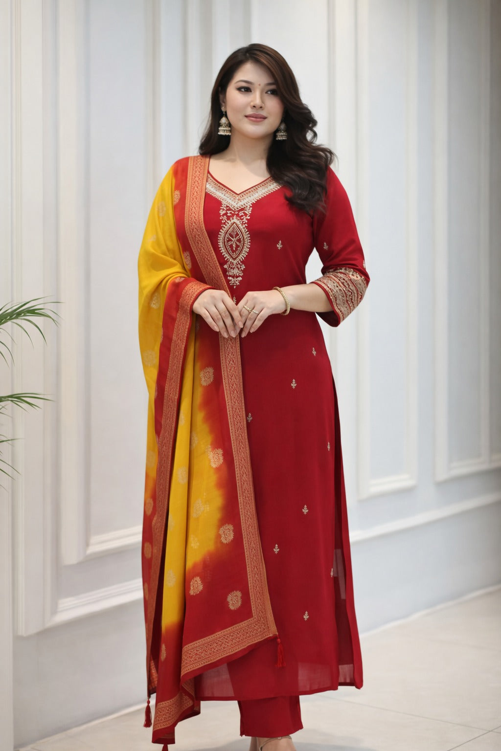 Berry Pure Silk Kurta Set with Kanjivaram Dupatta