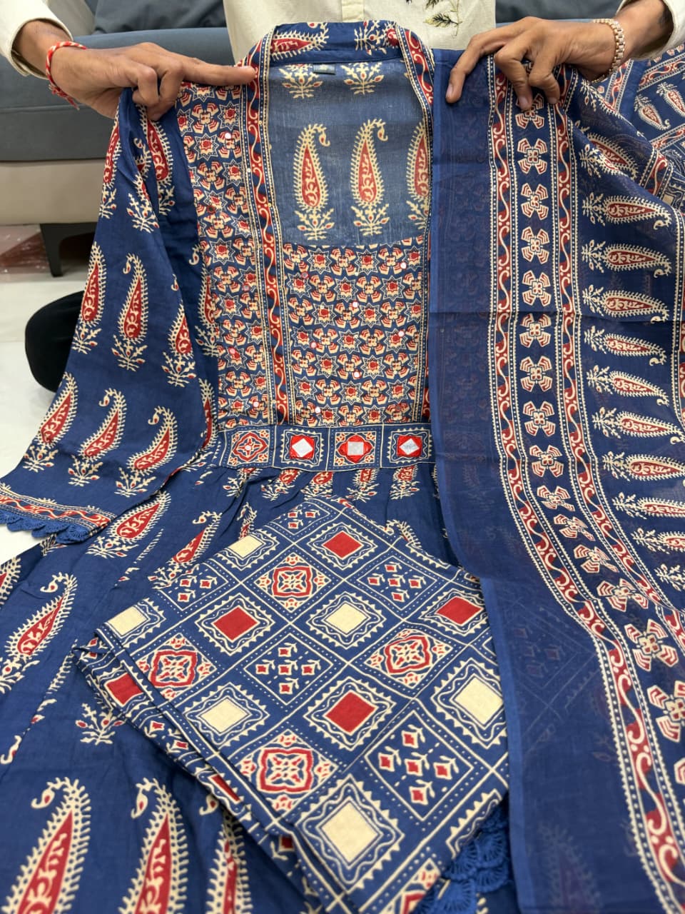 Jaipuri Blue Cotton Suit Set for Women with Dupatta