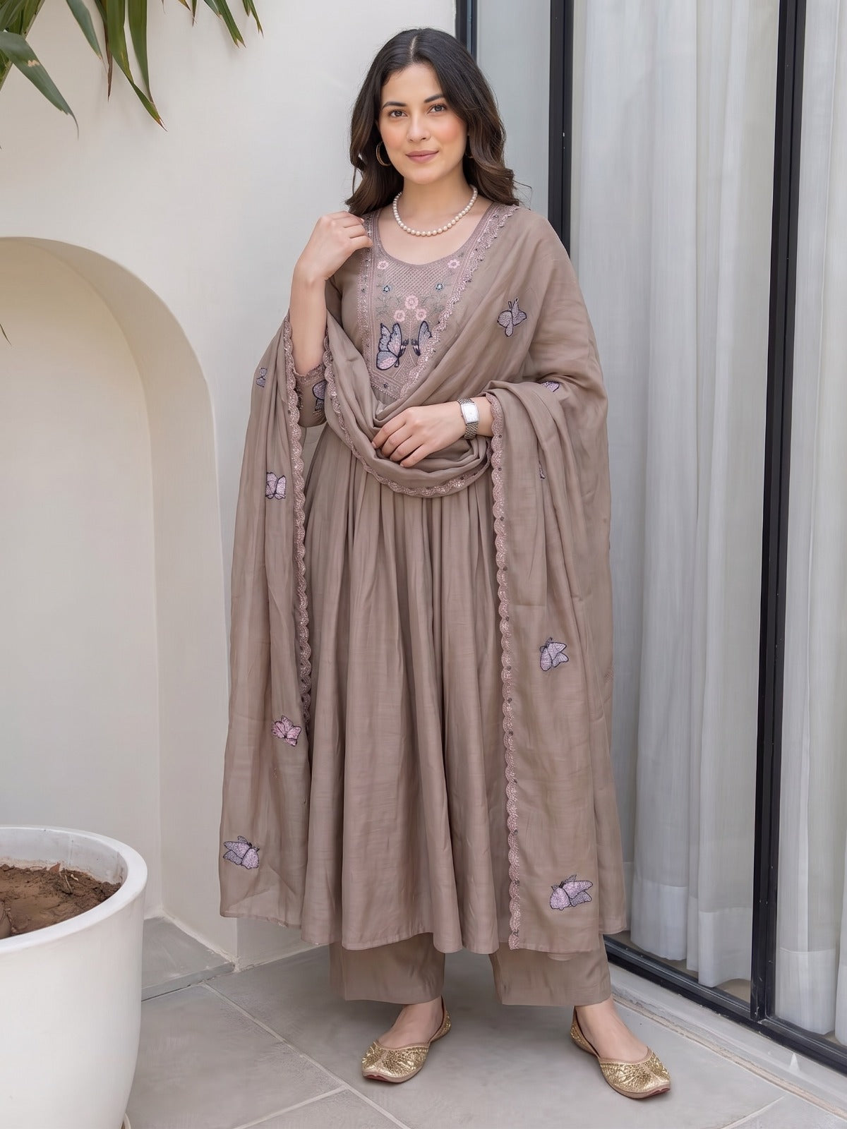 Chiku Vichitra Silk Embroidered Kurta Set