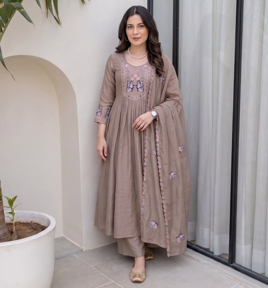 Chiku Vichitra Silk Embroidered Kurta Set