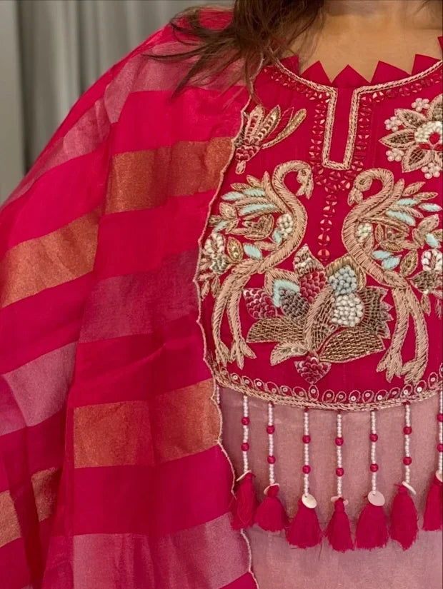 Rose Petal Embroidered Suit Set With Dupatta