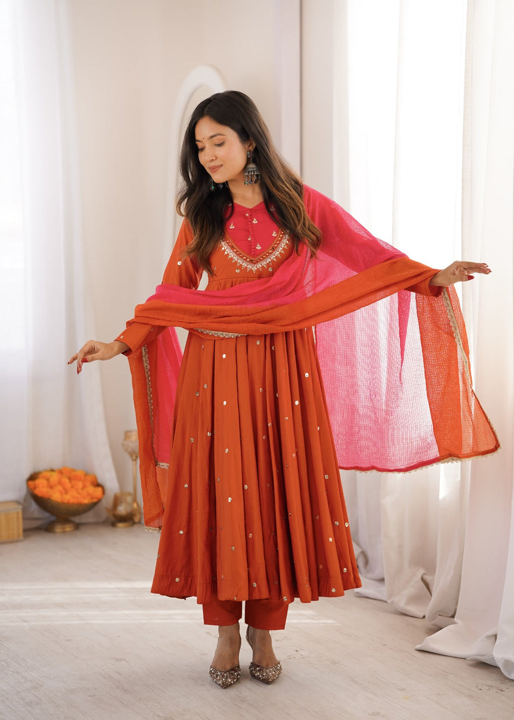 Rust Orange Embroidered Anarkali Pant Set With Dupatta