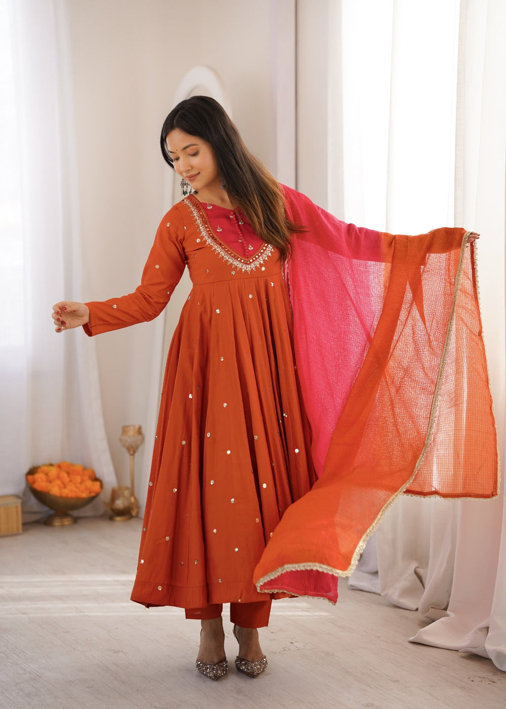 Rust Orange Embroidered Anarkali Pant Set With Dupatta