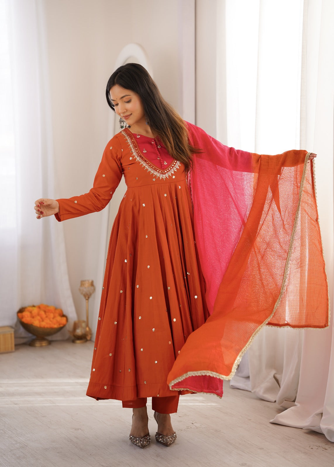 Rust Orange Embroidered Anarkali Pant Set With Dupatta