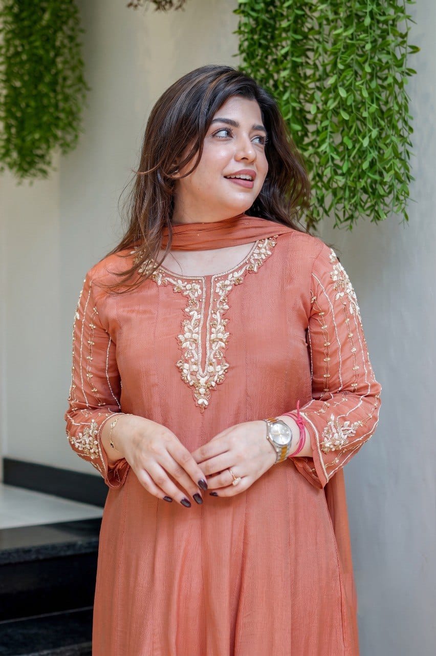 Rust Orange Floral Embroidered Kurta Pant & Dupatta Set