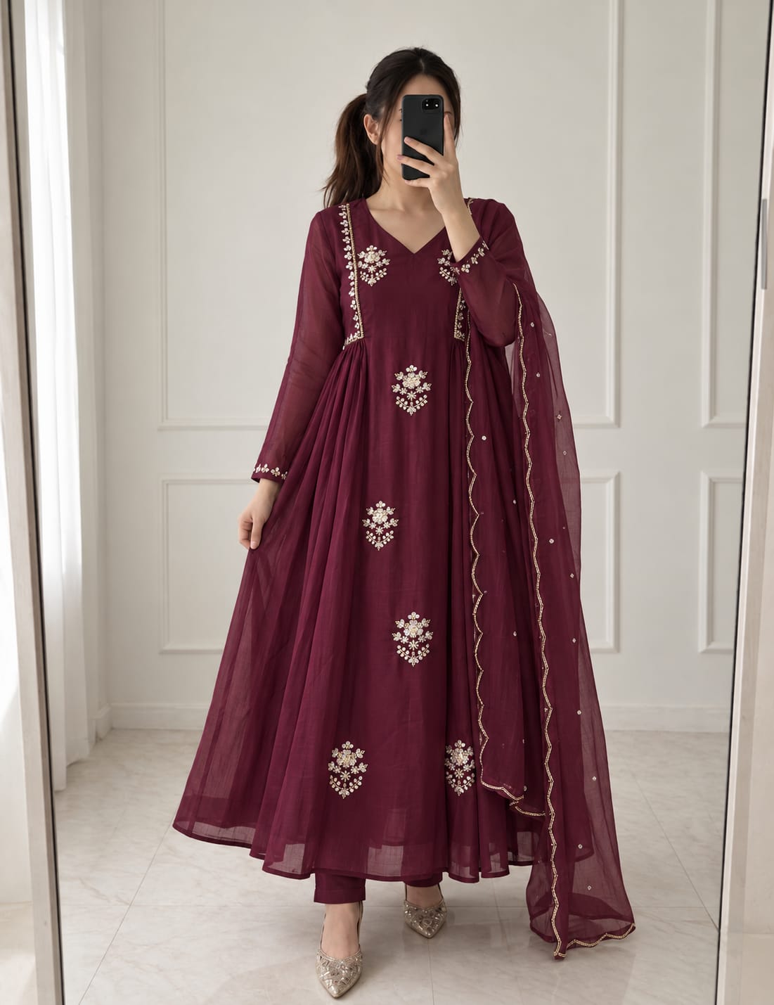 Wine Pure Mul Chanderi Embroidered Anarkali Kurti Set