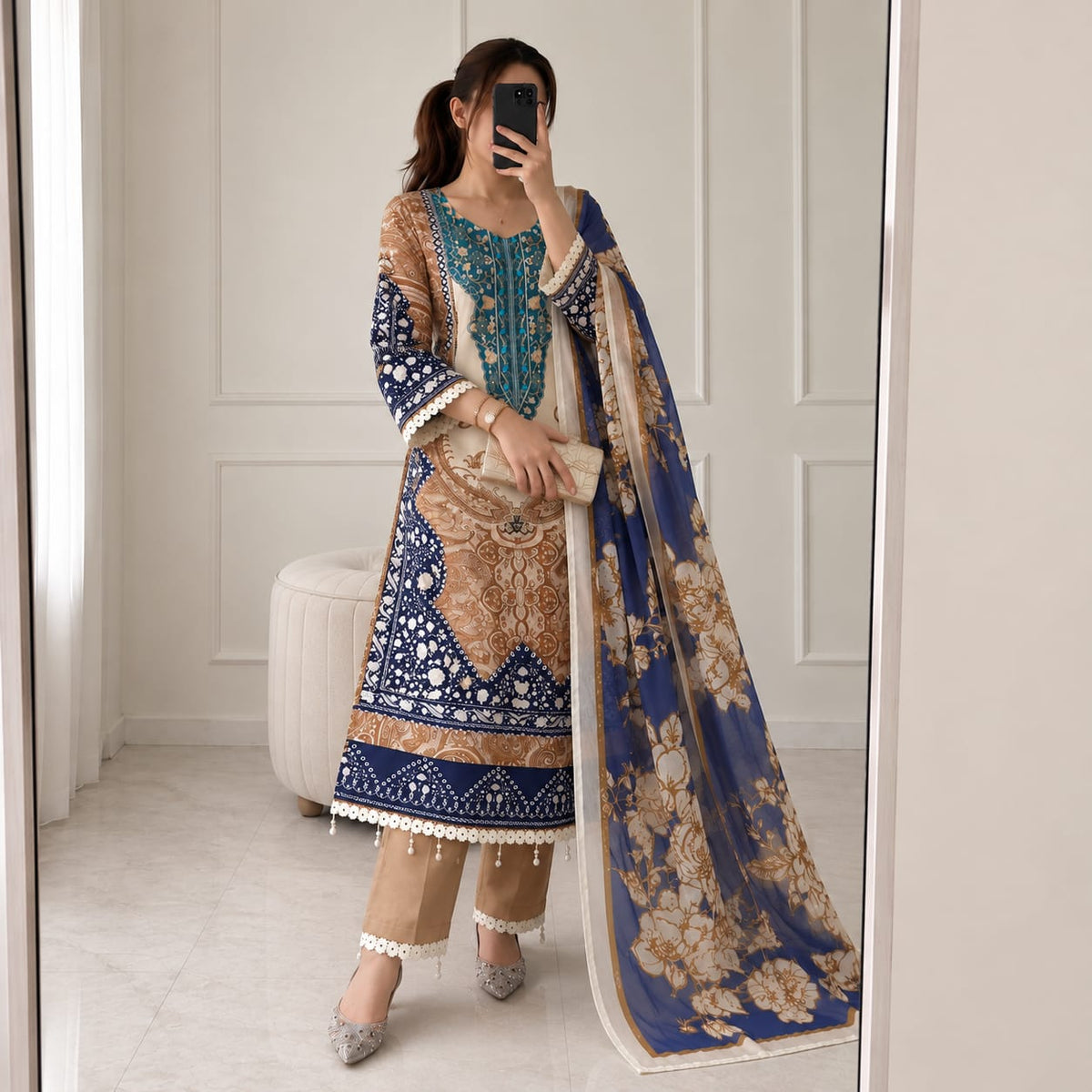Berry Silk Printed Kurti Pant Set with Hand Mirror Work