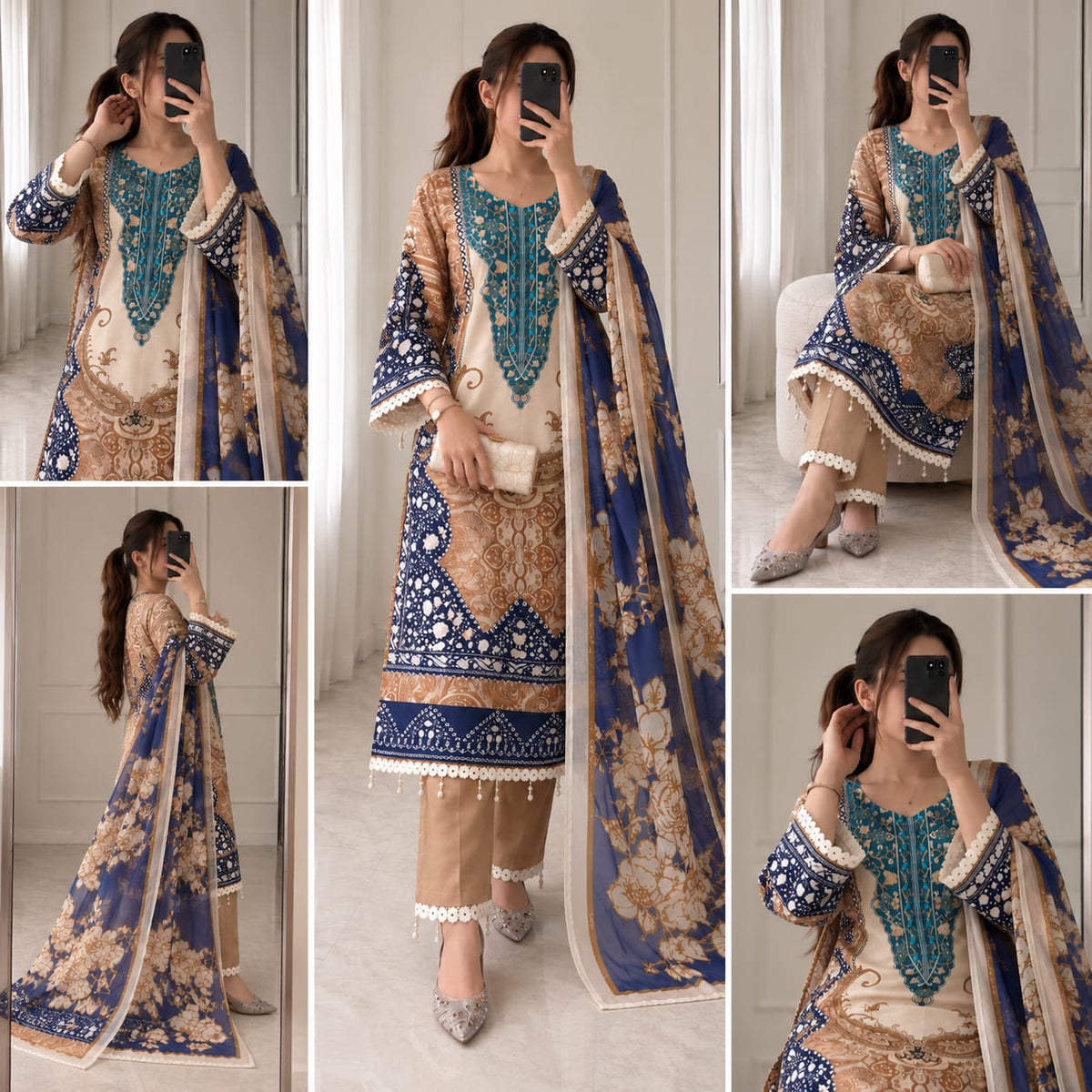 Berry Silk Printed Kurti Pant Set with Hand Mirror Work