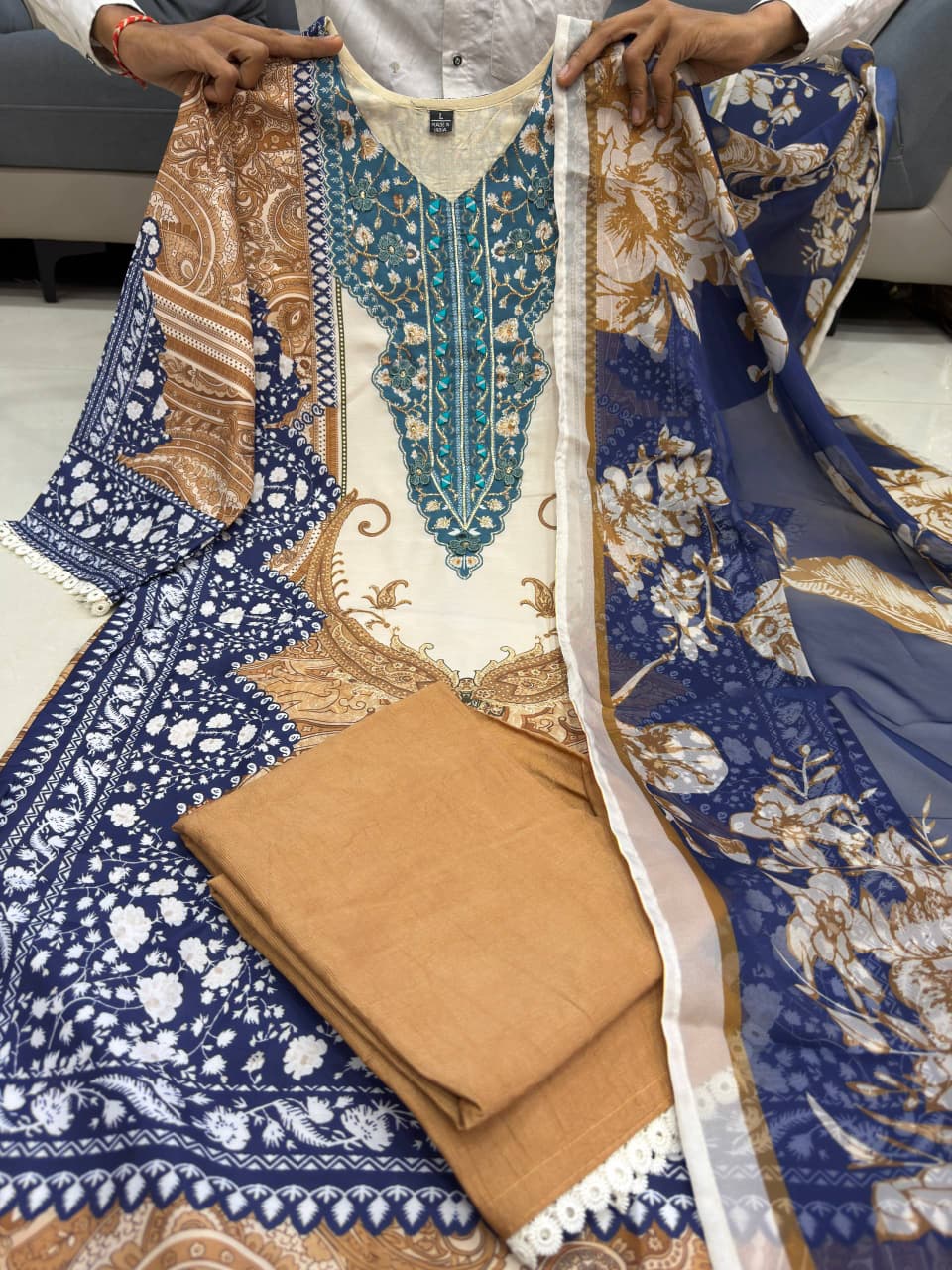 Berry Silk Printed Kurti Pant Set with Hand Mirror Work