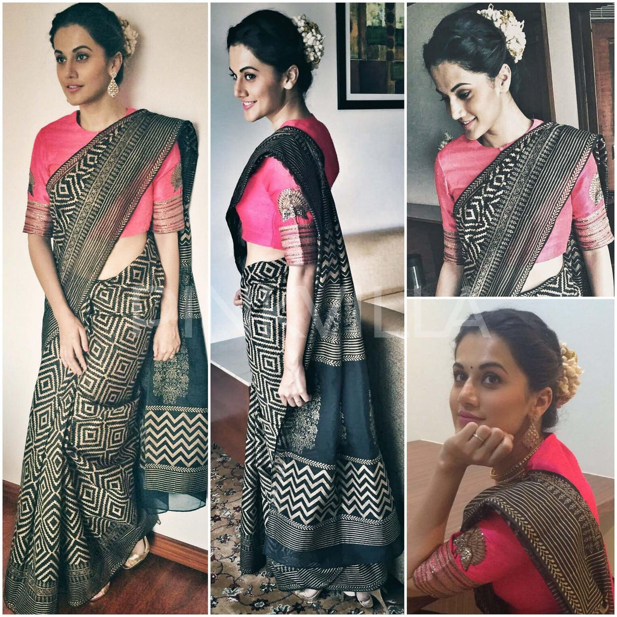 Adorable Black colored Partywear Linen Designer Printed Saree