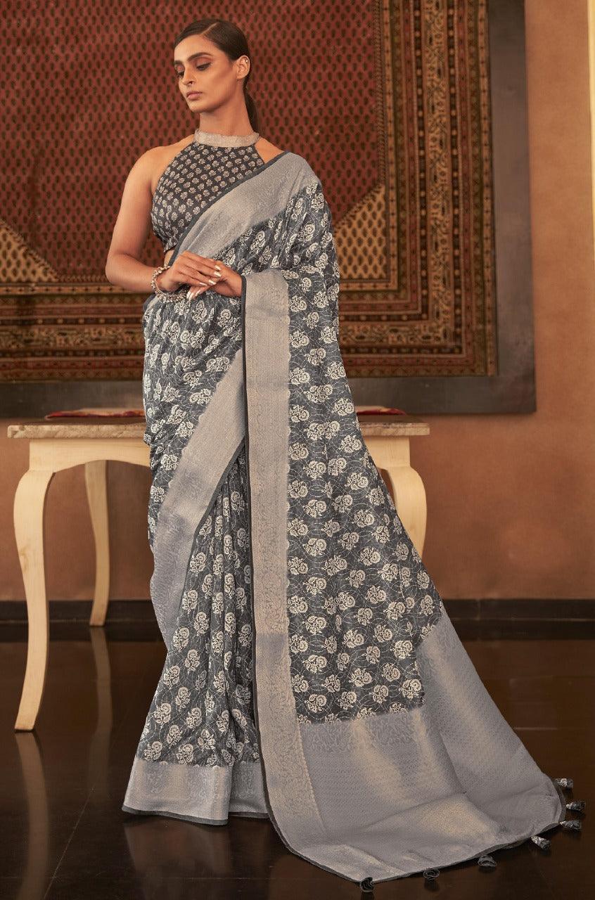 Adorable Silk Classy Grey Color Saree, Shining Party Wear