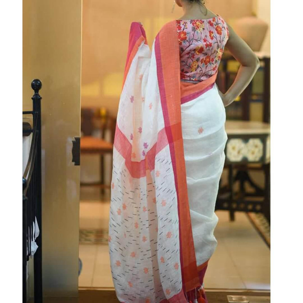 Adorable White Colored Festive Wear Pure Linen Designer Saree