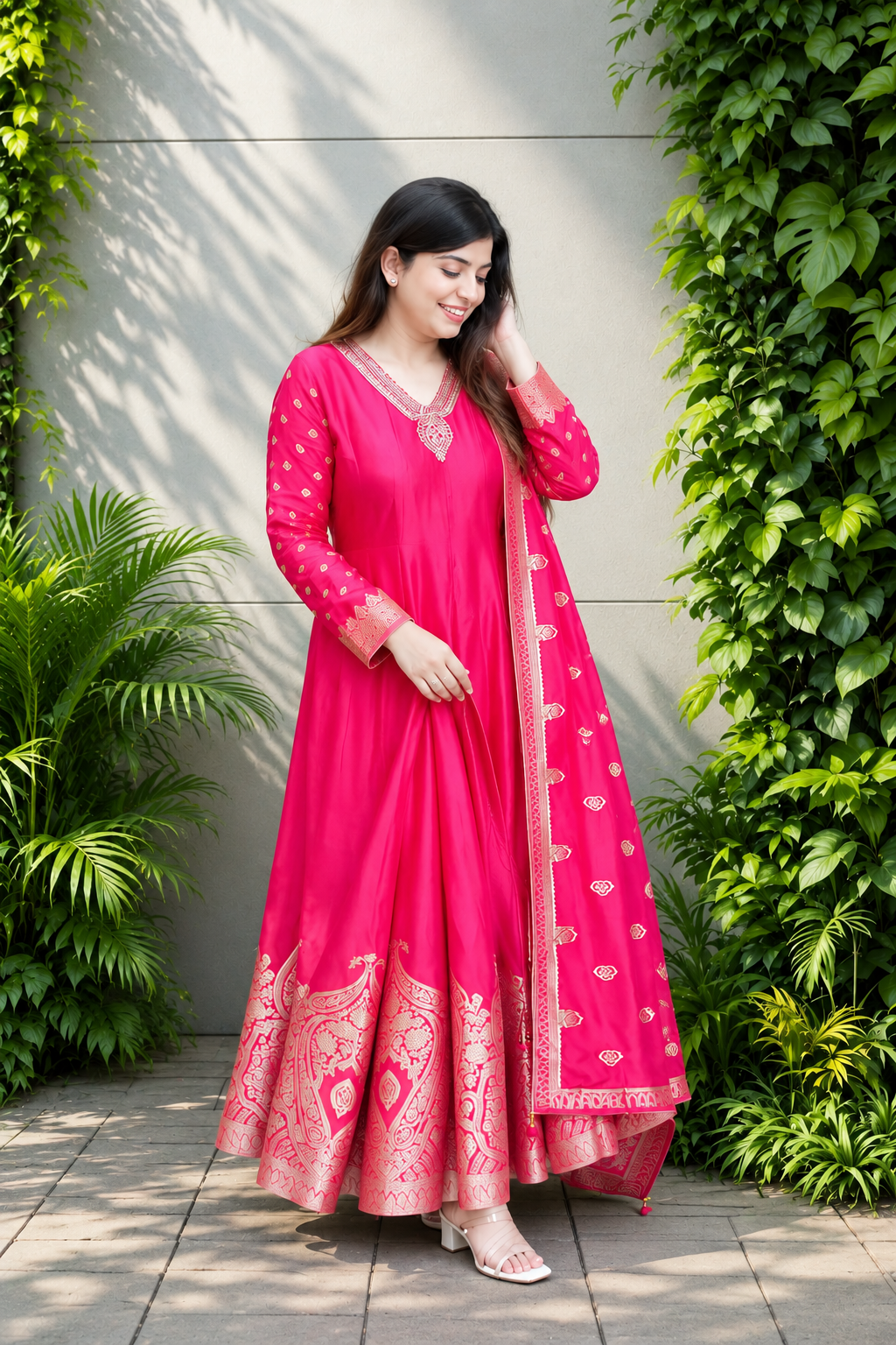 Rani Pink Banarasi Anarkali Suit with Handwork Neckline and Zari Flare