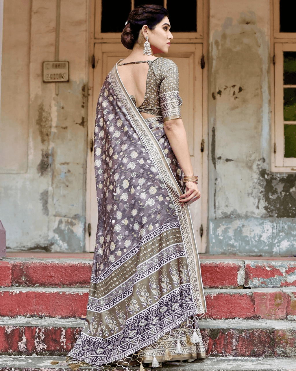 Alluring Brown Colored Jacquard Silk Saree