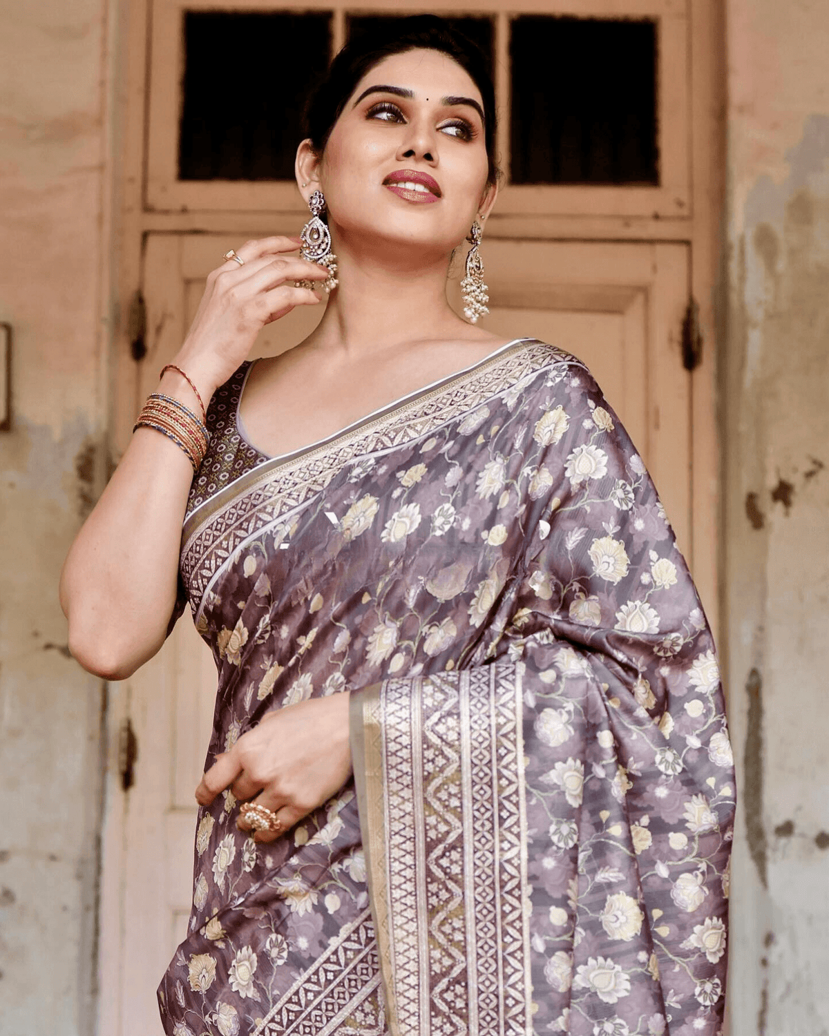 Alluring Brown Colored Jacquard Silk Saree