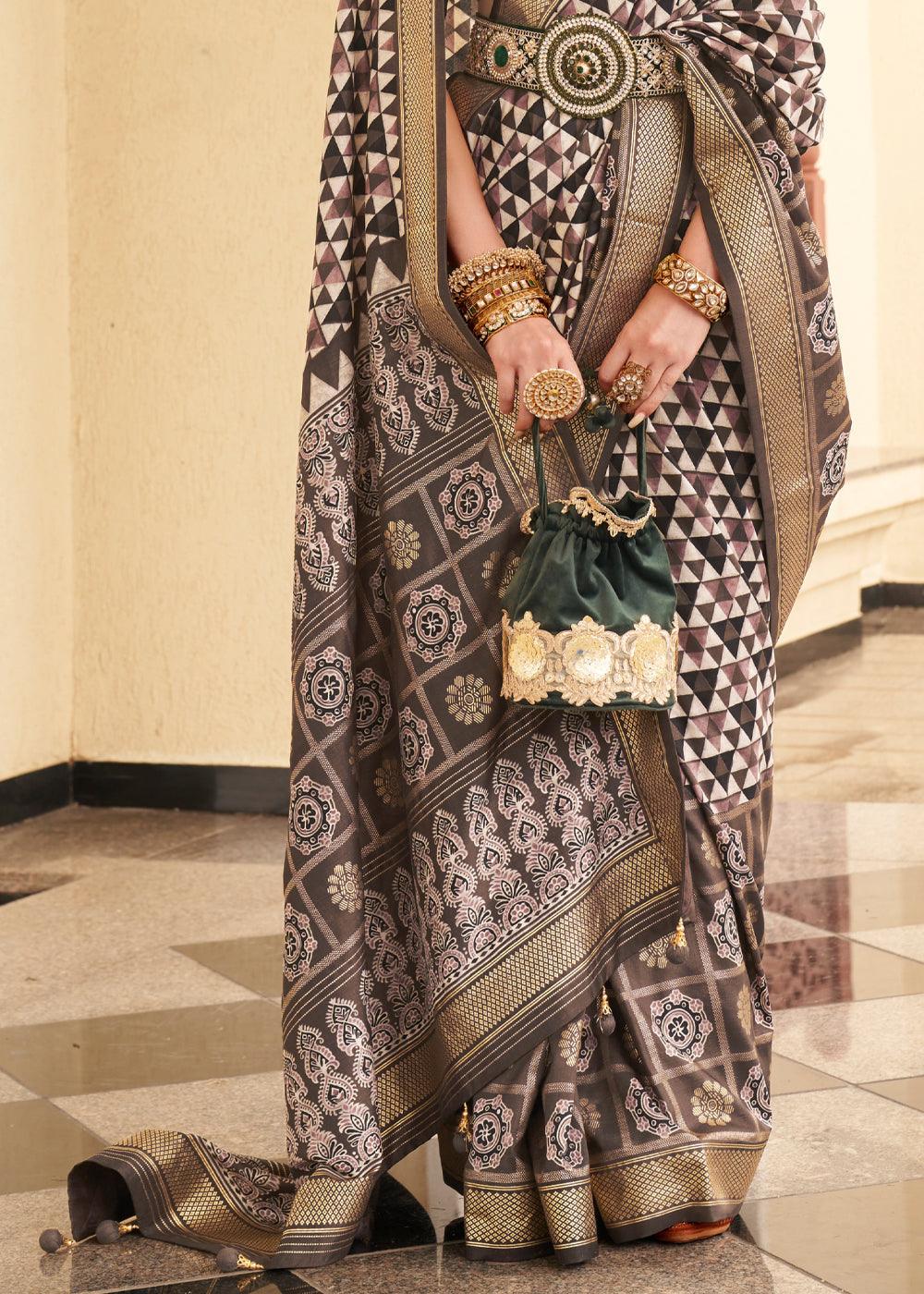 Attractive Dark Brown And White Colored Printed Pure Soft Silk Saree