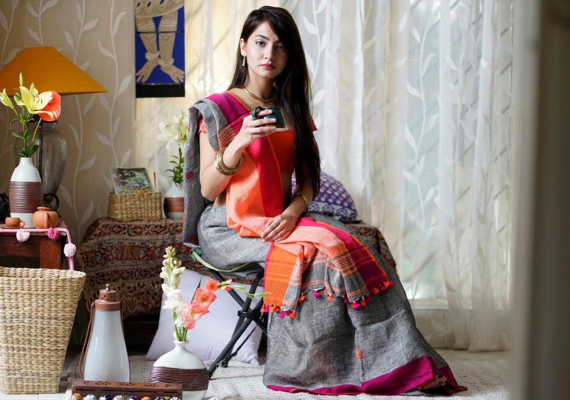 Attractive Grey Premium Linen Designer Saree