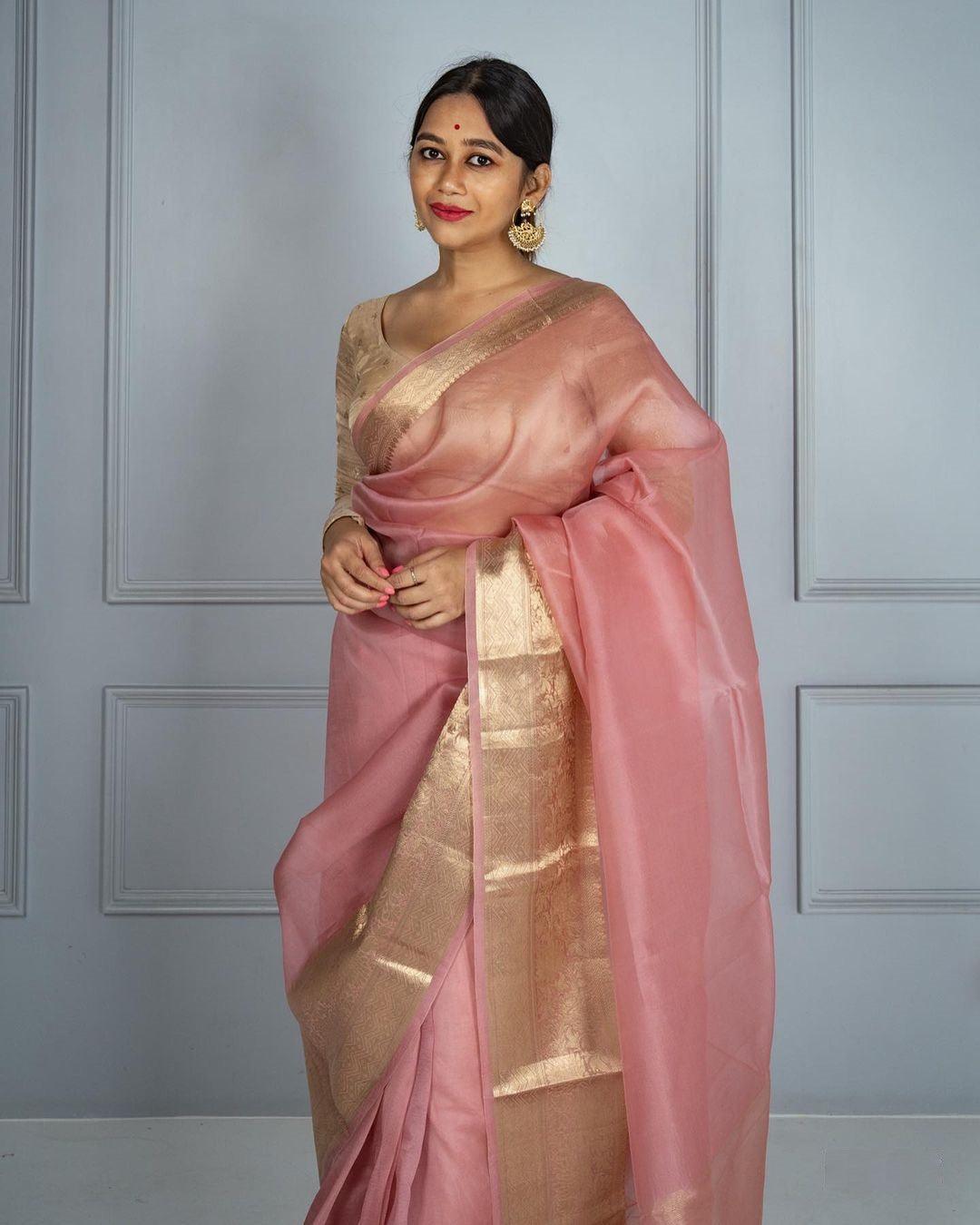 Banarasi Organza saree in light pink, adorable festive wear
