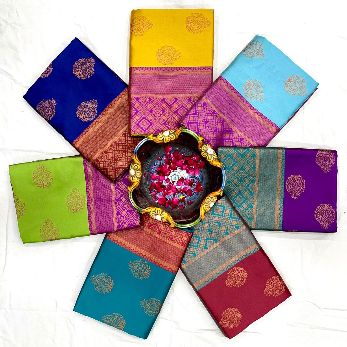 Blue & Red Broder Designer Soft Lichi Silk Saree