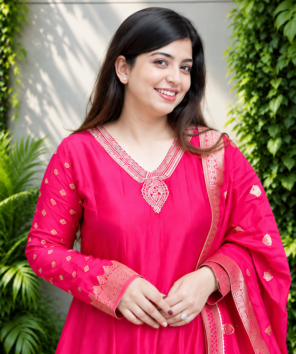 Rani Pink Banarasi Anarkali Suit with Handwork Neckline and Zari Flare