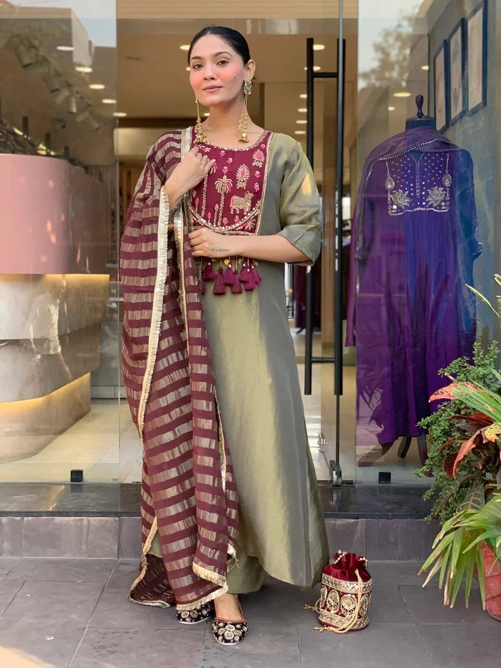 Olive Green & Wine Embroidered Anarkali Kurta Pant Set
