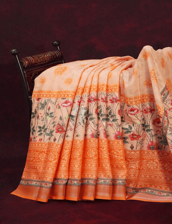 Captivating Orange Colored Cotton Linen Designer Printed Saree