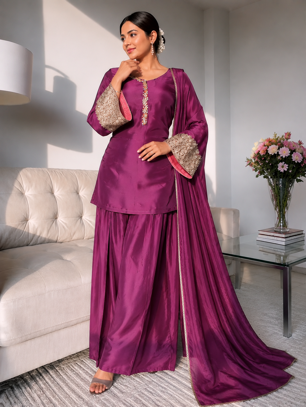 Wine Embroidered Farshi Kurta Set