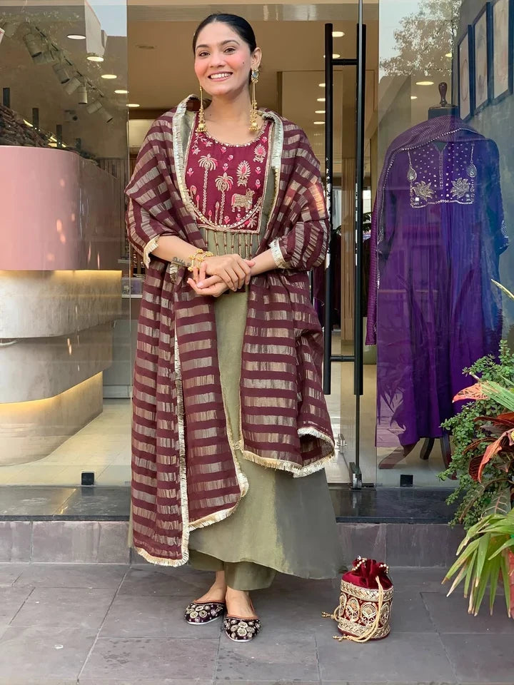 Olive Green & Wine Embroidered Anarkali Kurta Pant Set