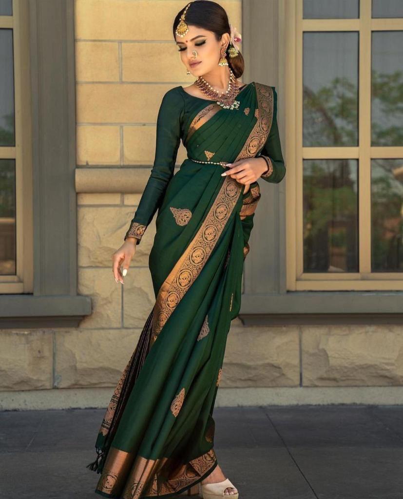 Dark Green Indian Litchi Silk Saree