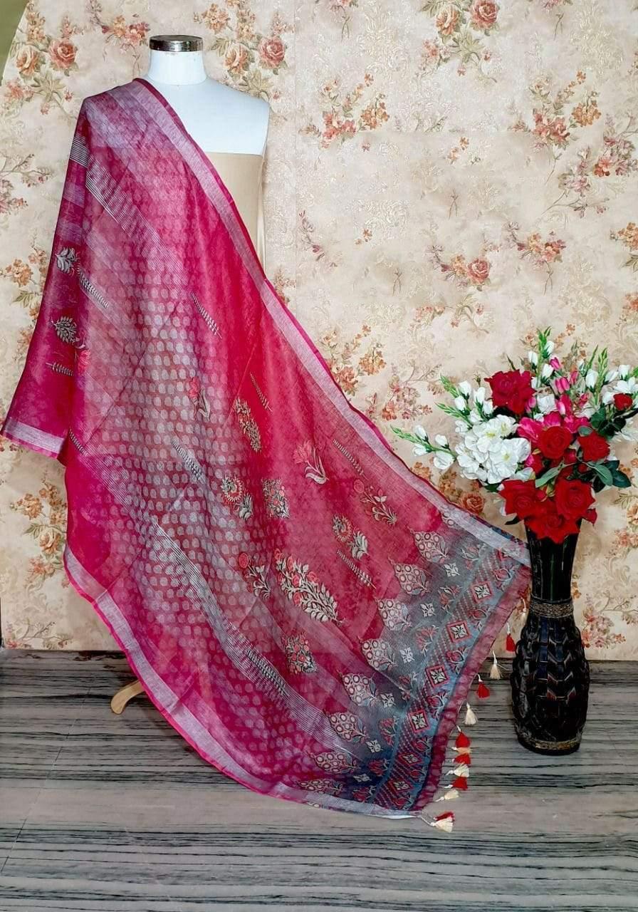 Dark Pink Designer Digital Linen Dupatta