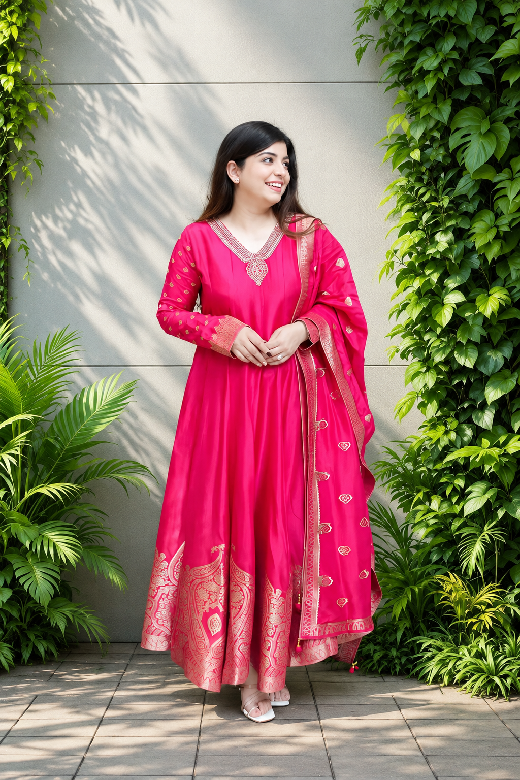 Rani Pink Banarasi Anarkali Suit with Handwork Neckline and Zari Flare