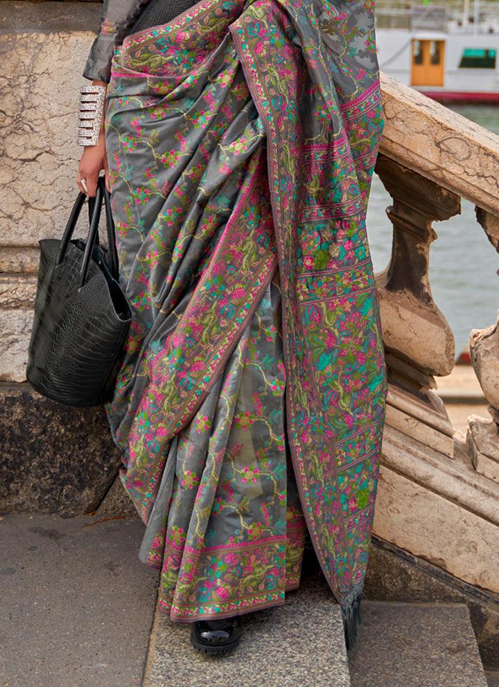 Delightful Gray Colored Printed Pure Soft Silk Saree