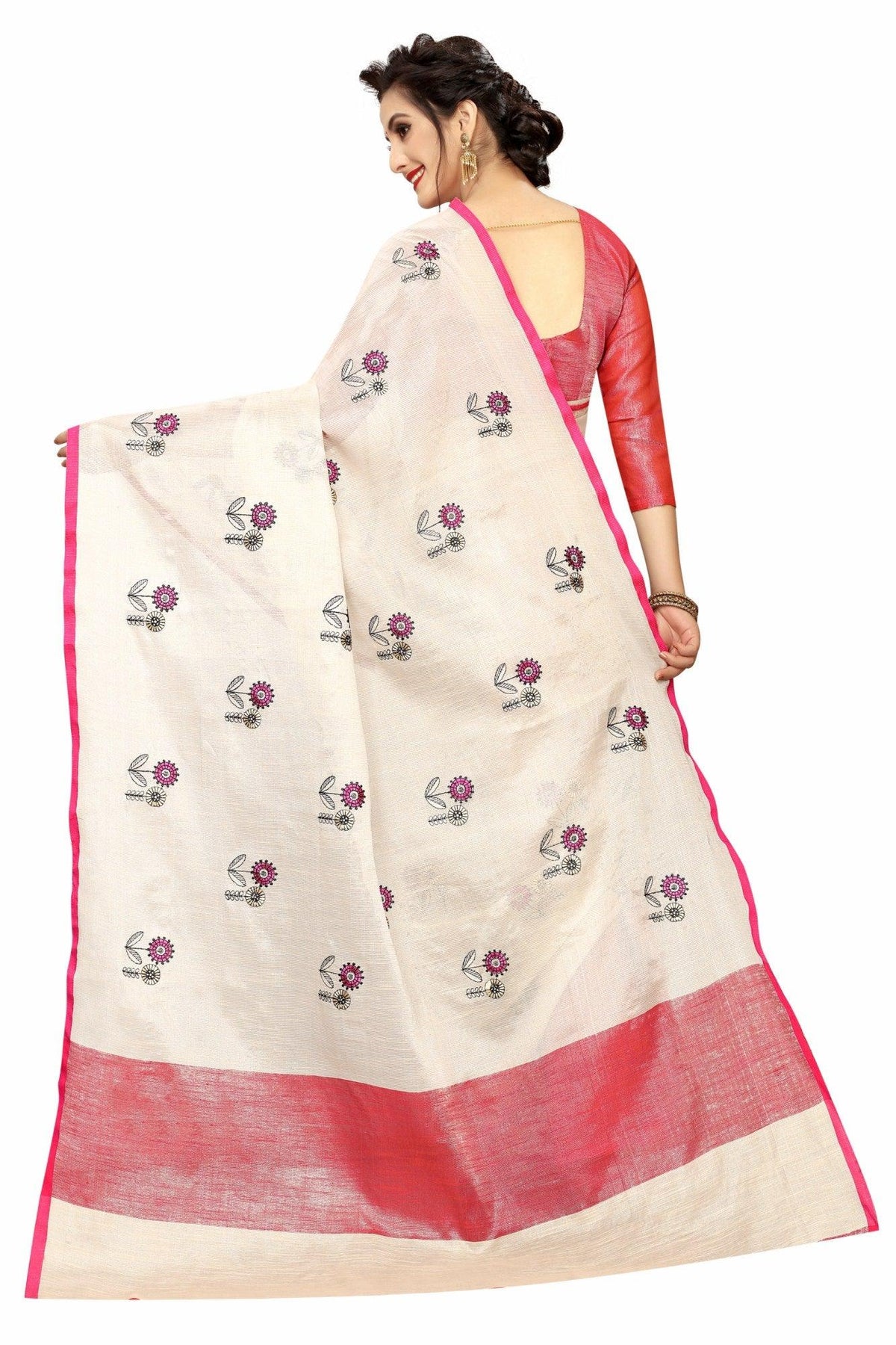 Demanding Cream And Red Colored Casual Pure Linen Saree
