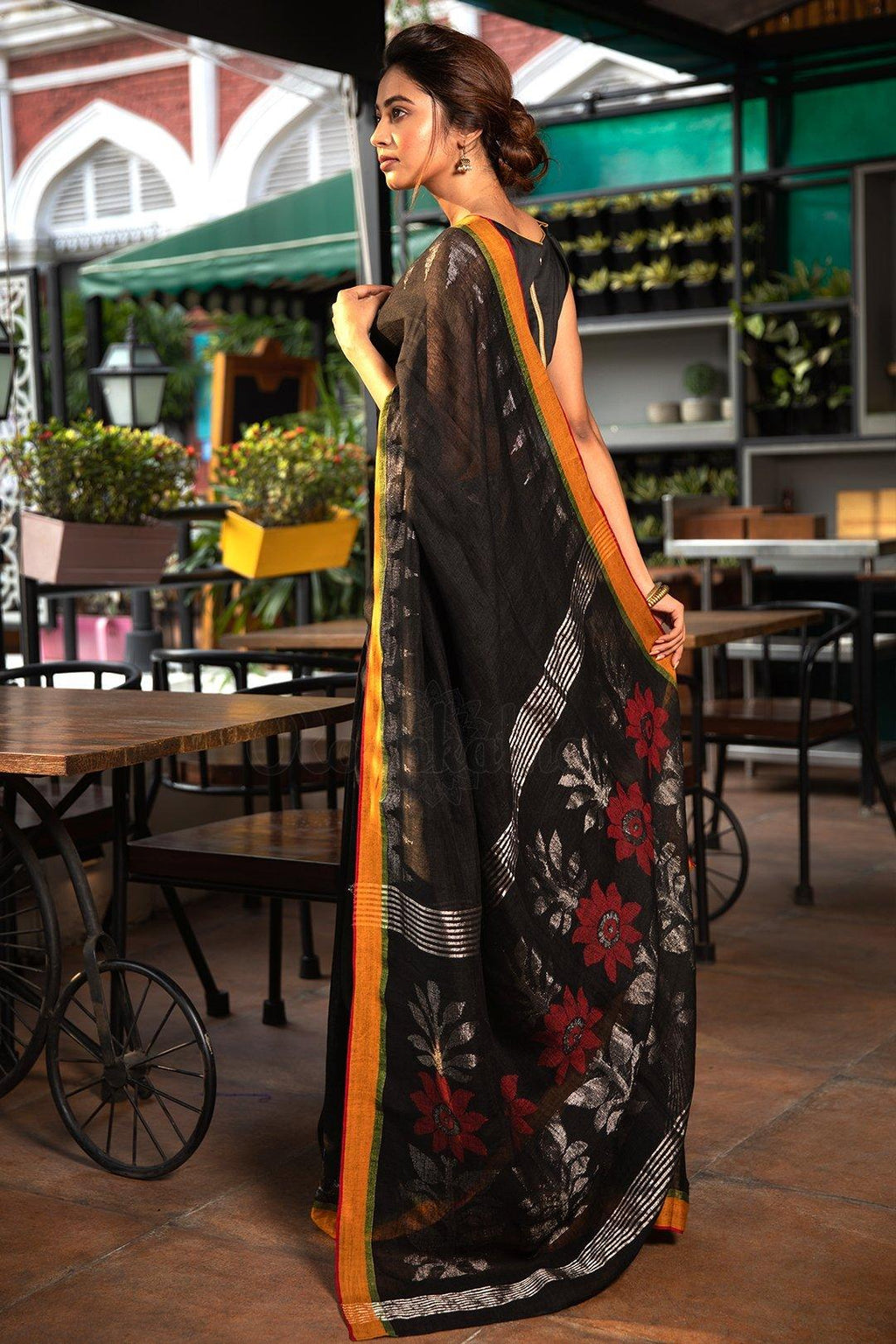 Desirable Black Pure Linen Designer Saree