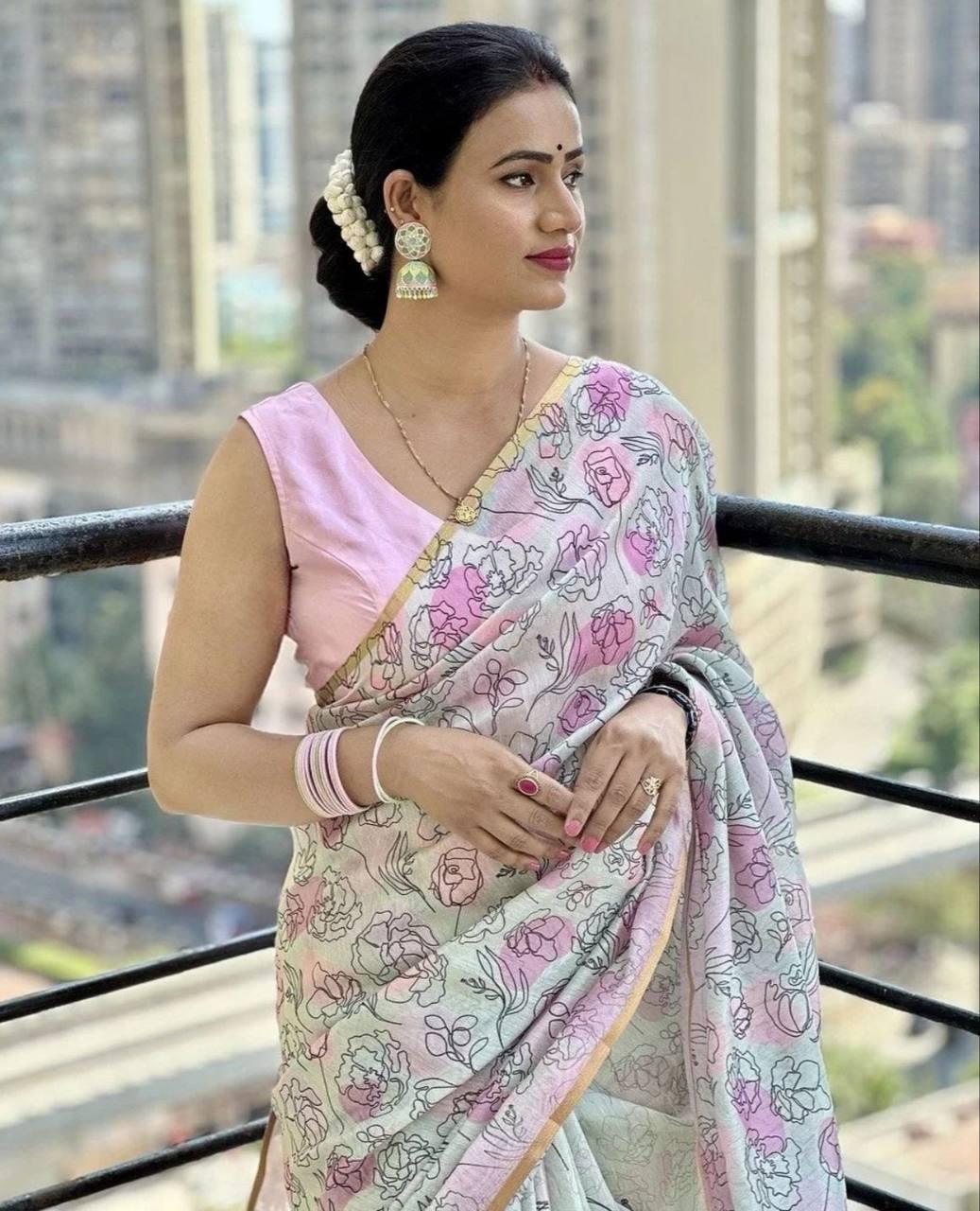 Digital Printed white And Pink Party Wear Linen Saree