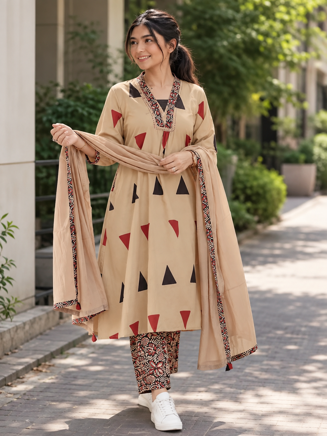 Pure Cotton Kalamkari A-Line Suit with Dupatta