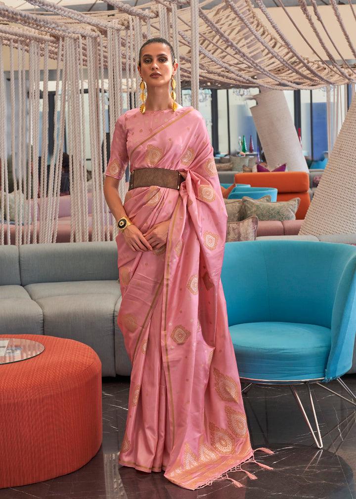 Elegant Baby Pink Colored Printed Pure Soft Silk Saree