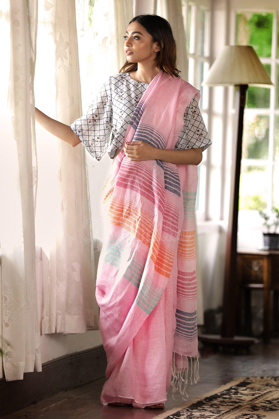 Entrancing Baby Pink Colored Casual Printed Pure Linen Saree
