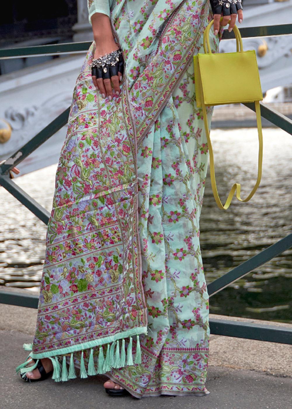 Eye-catching Sky Blue Colored Printed Pure Soft Silk Saree
