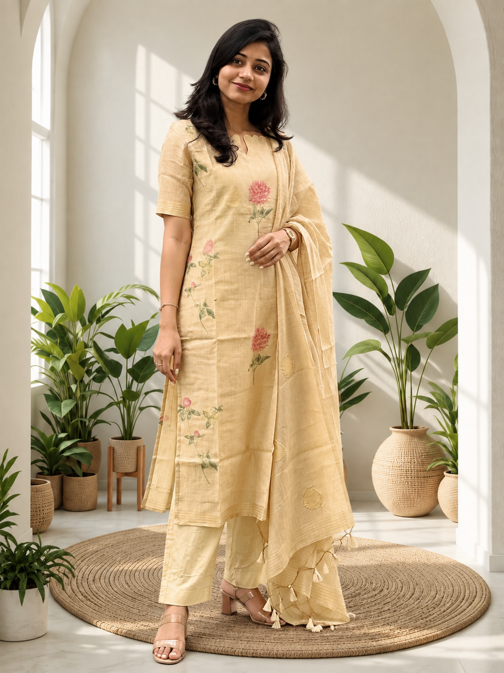 Beige Tissue Silk Floral Printed Kurta Pant Dupatta Set