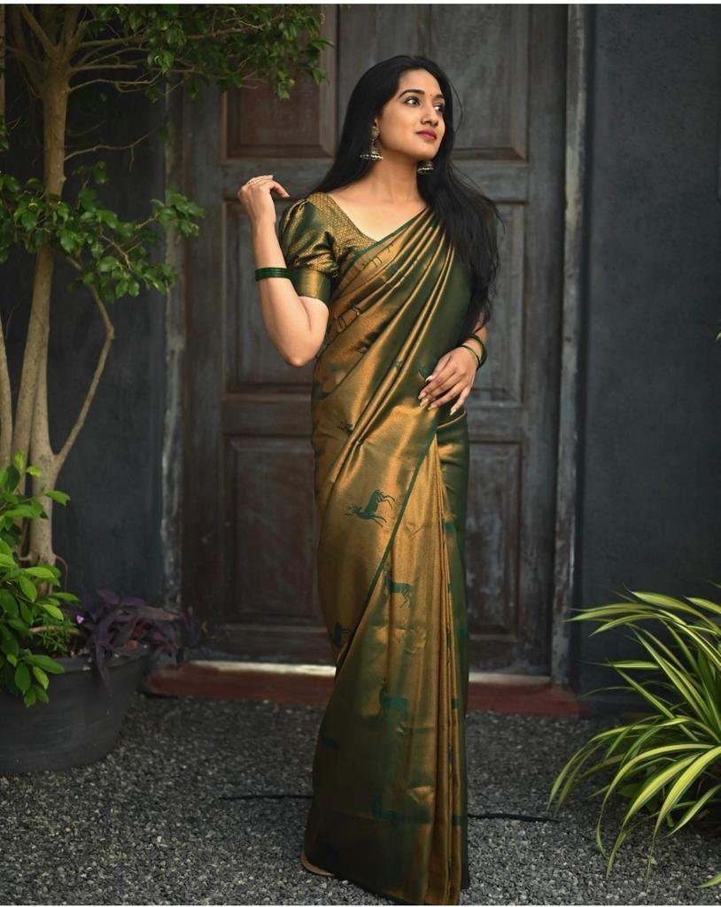 fabulous Dark Green Jacquard Soft Lichi Silk Saree