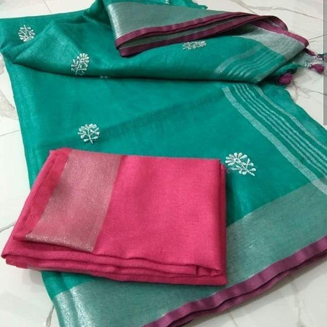 Fantastic Mint Colored Casual Printed Pure Linen Saree