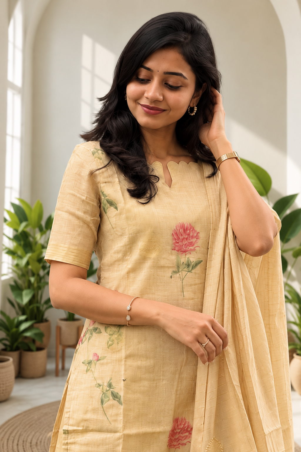 Beige Tissue Silk Floral Printed Kurta Pant Dupatta Set