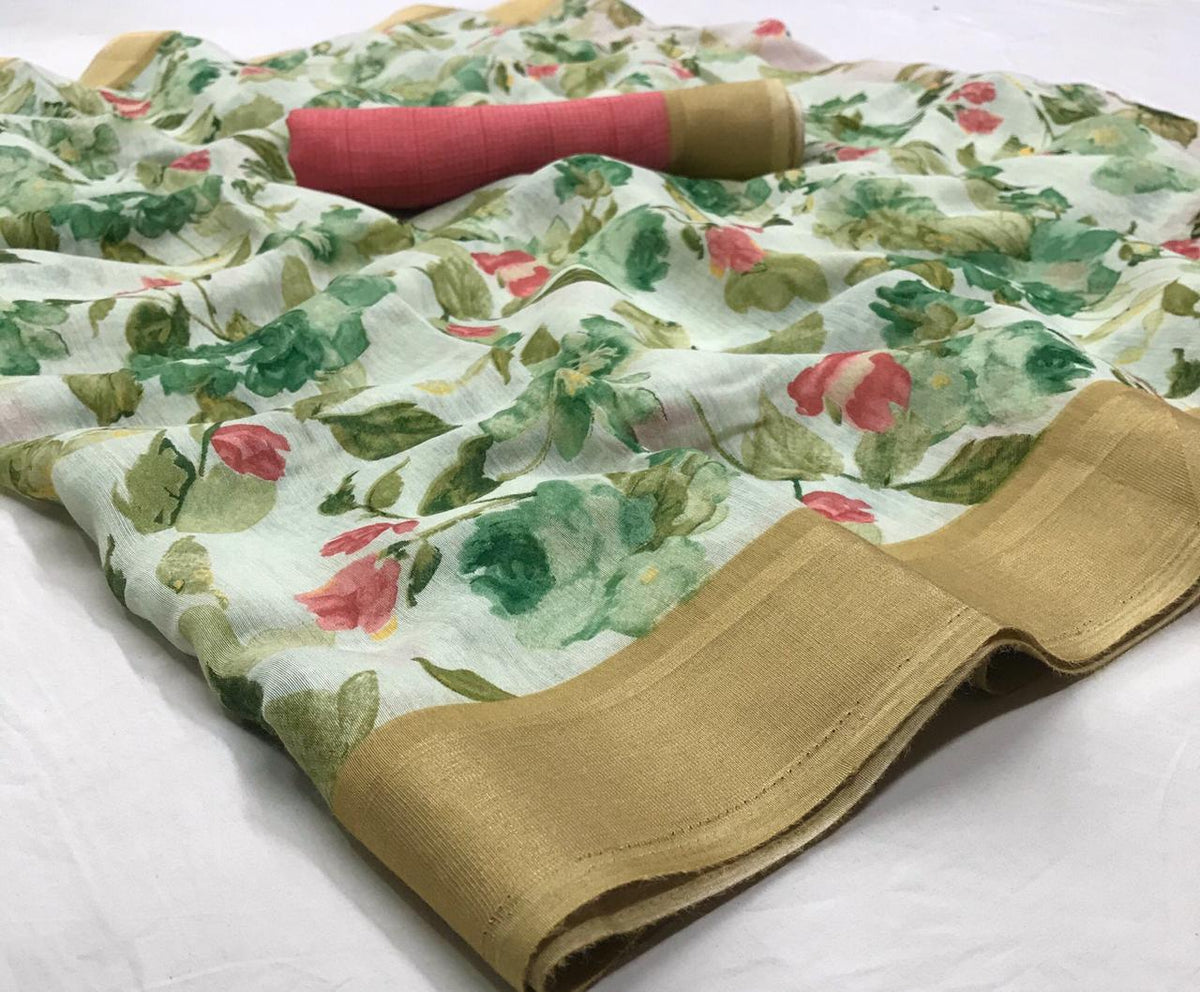 Flaunt Off White  Colored With Gold Border  Partywear Printed Pure Linen saree