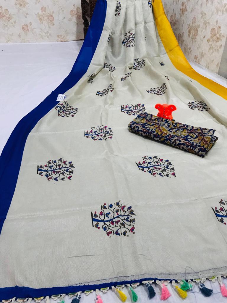 Gleaming Pure Linen White Colored Casual Printed Saree